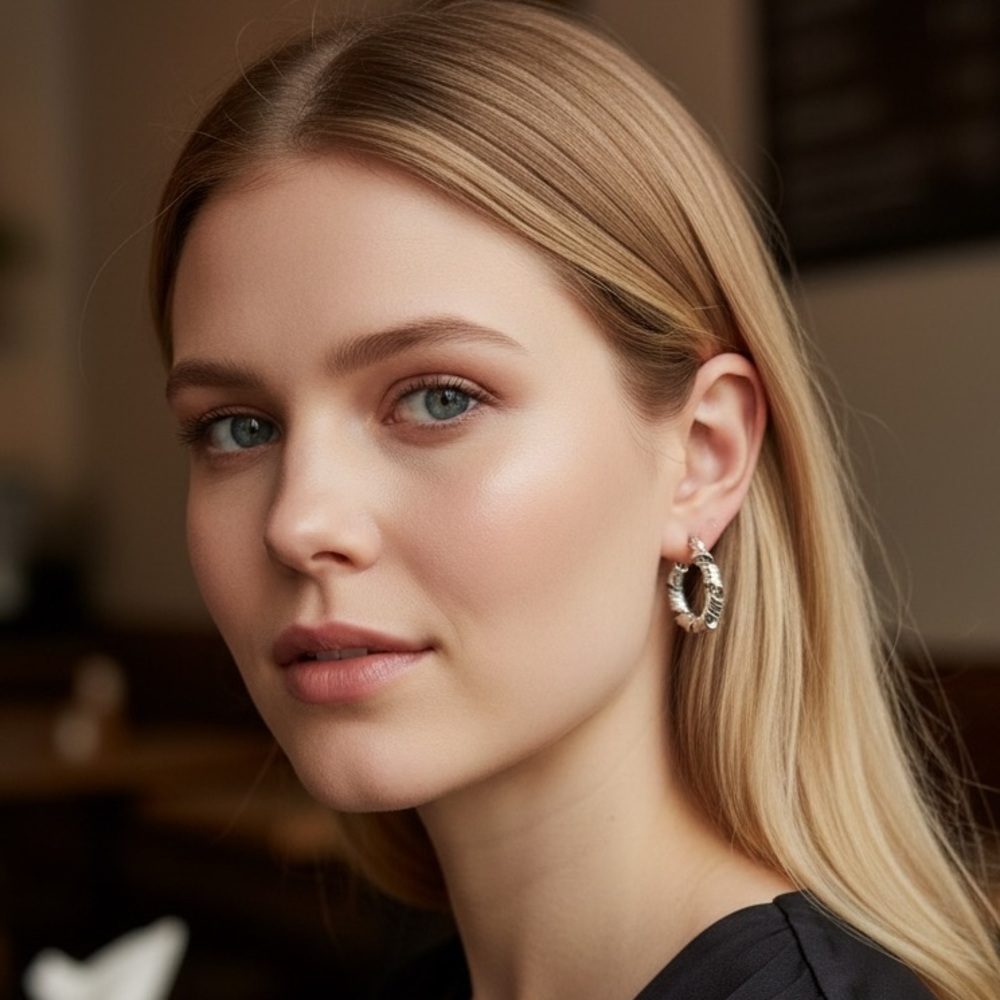 Silver Hoop Textured Earrings - Picture 2 of 2
